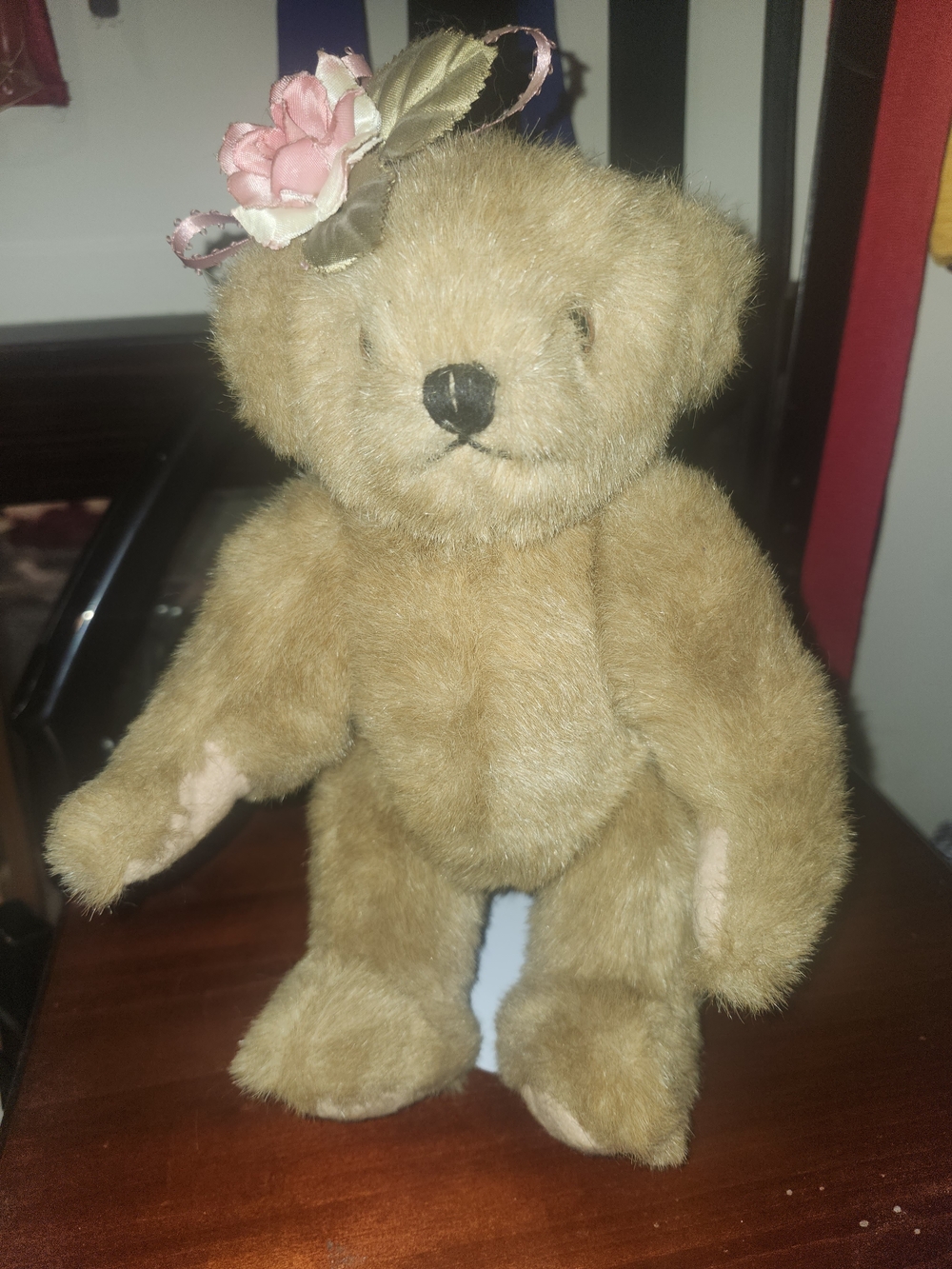 Vintage Jointed Plush Teddy Bear with Floral Ribbon Rose Headband